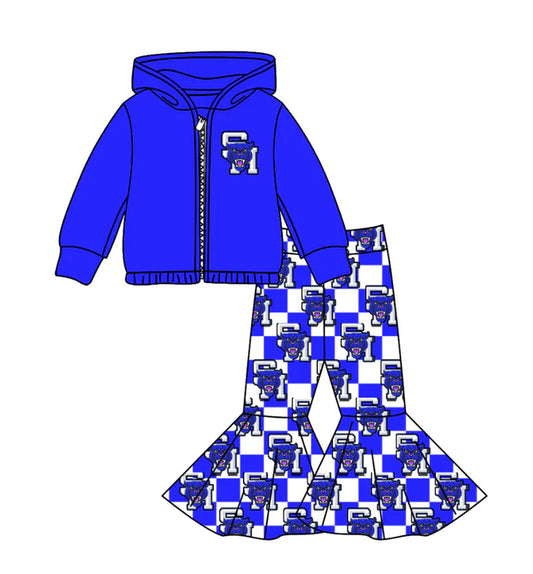 Preorder(moq 5) Baby Girls Blue SM Wolf Zipper Hoodie Jacket Bell Bottom Pants Team Clothes Sets 11.4