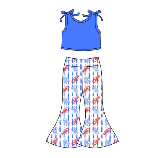 Preorder(moq 5)Baby Girls Blue Top Bows Crayfishes Stripe Bell Bottom Pants Clothes Sets 12.16
