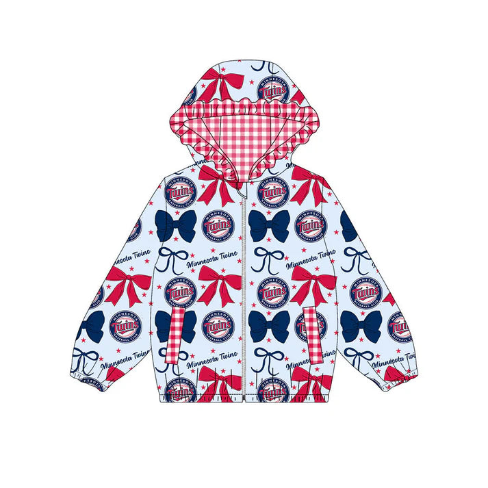 Preorder(moq 5)Baby Girls Blue Red Bows Twins Pockets Zipper Team Ruffle Hoodies Jackets 10.13
