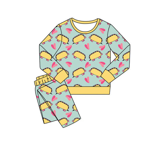 Preorder(moq 5) Baby Girls Hearts Dinosaurs Pants Valentines Pajamas Sets 11.8