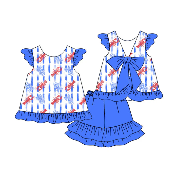 Preorder (moq 5)Baby Girls Crayfishes Stripe Back Bows Tunic Ruffle Short Clothes Sets 12.16