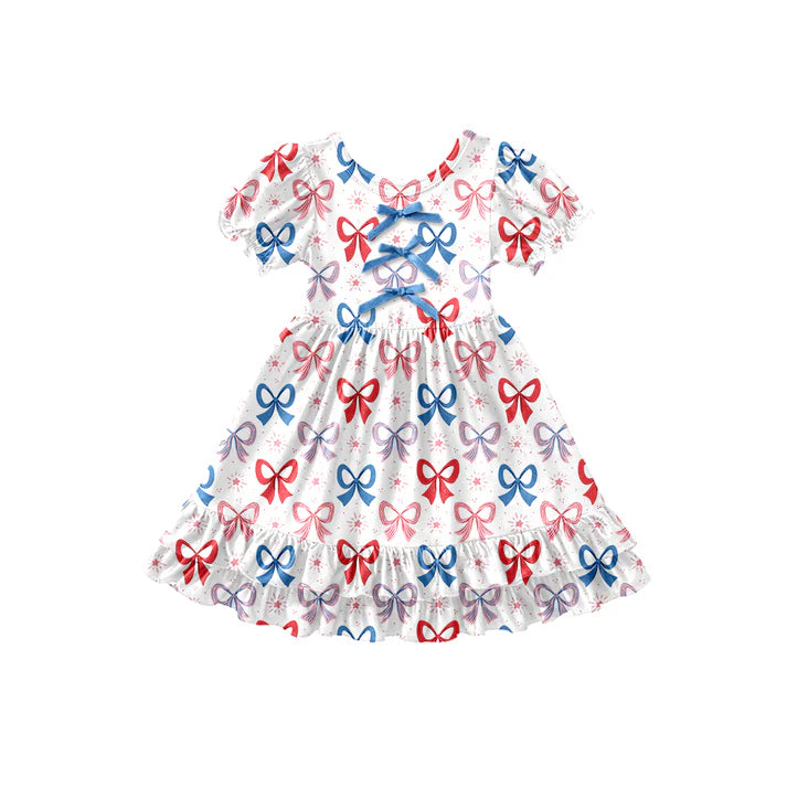 Preorder (moq 5)Baby Girls Bows Fireworks 4th of July Ruffle Knee Length Dresses 12.26