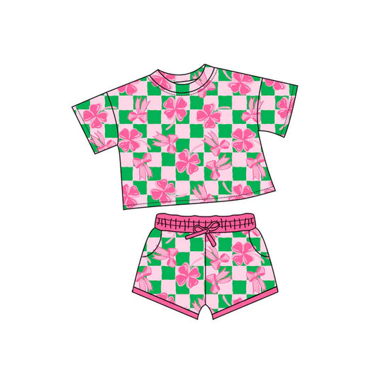 Preorder(moq 5) Baby Girls Bows Clovers Checked Pockets Shorts St Patrick Clothes Sets 10.30