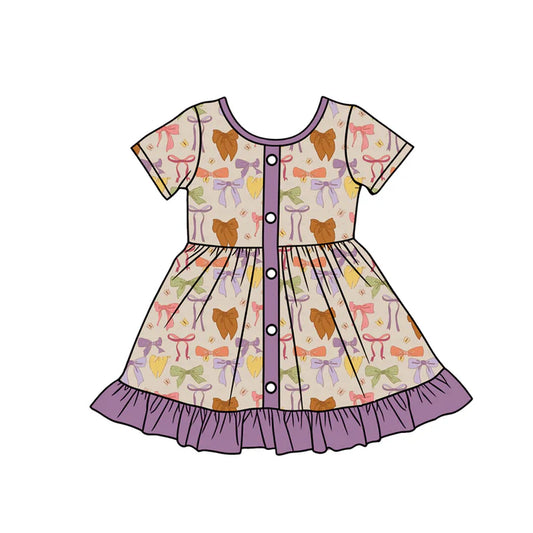 Preorder (moq 5)Baby Girls Short Sleeve Colorful Bows Butterfly Button Ruffle Knee Length Dresses 1.9