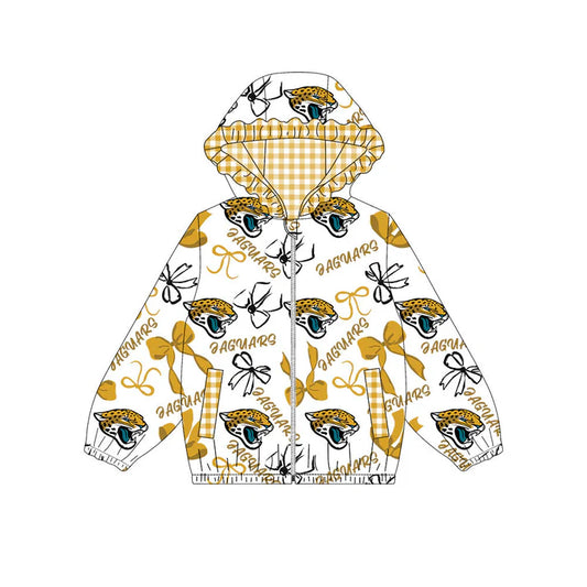 Preorder(moq 5)Baby Girls Yellow Bows Laguars Pocket Zipper Team Ruffle Hoodies Jackets 10.17