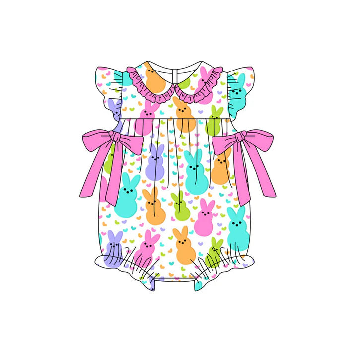 Preorder (moq 5)Baby Girls Flutter Sleeve Colorful Rabbits Hearts Bows Easter Ruffle Rompers 11.11