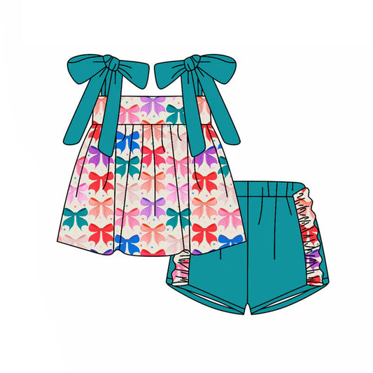 Preorder(moq 5) Baby Girls Strap Colorful Bows Plaid Tunic Ruffle Shorts Clothes Sets 10.24