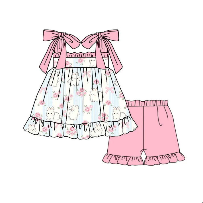 Preorder(moq 5) Baby Girls Pink Strap Flowers Rabbits Tunic Ruffle Shorts Easter Clothes Sets 10.21