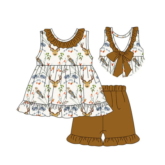 Preorder (moq 5)Baby Girls Sleeveless Deer Floral Tunic Brown Ruffle Short Set 4.28