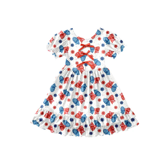 Preorder (moq 5)Baby Girls Flowers Bows 4th of July Ruffle Knee Length Dresses 12.26