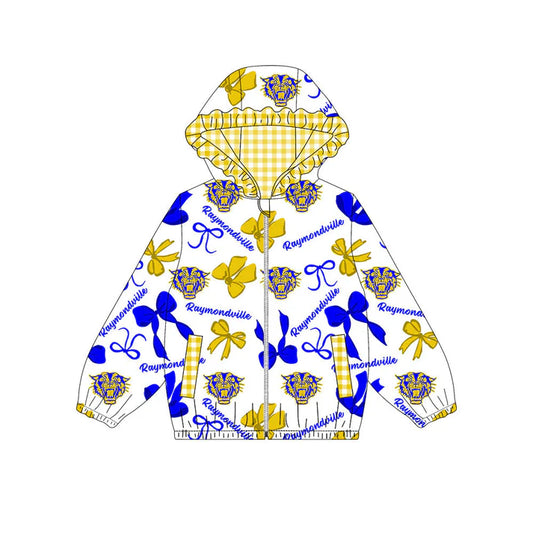 Preorder(moq 5)Baby Girls Blue Gold Bows Raymondville Pockets Zipper Team Ruffle Hoodies Jackets 10.13