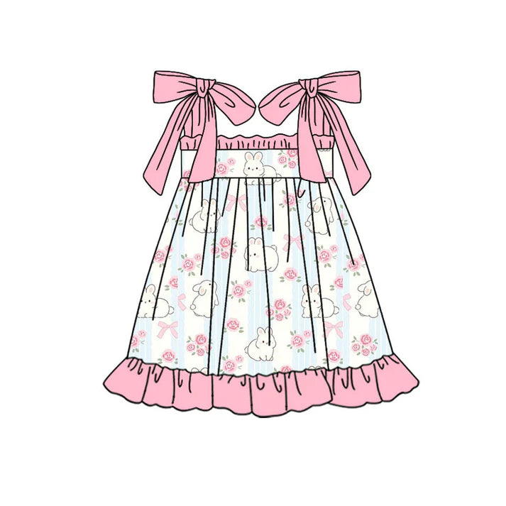 Preorder(moq 5) Baby Girls Pink Strap Flowers Rabbits Easter Ruffle Knee Length Dresses 10.21