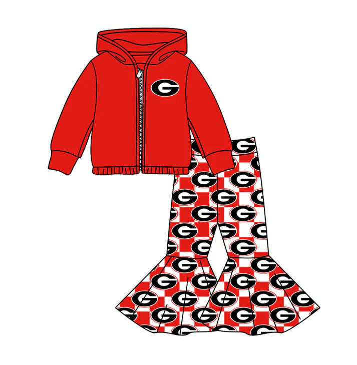 Preorder(moq 5) Baby Girls Red G Zipper Hoodie Jacket Bell Bottom Pants Team Clothes Sets 11.4