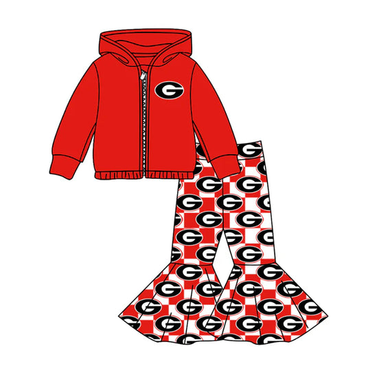 Preorder(moq 5) Baby Girls Red G Zipper Hoodie Jacket Bell Bottom Pants Team Clothes Sets 11.4