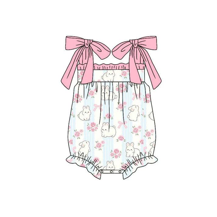 Preorder (moq 5)Baby Girls Pink Strap Flowers Rabbits Easter Ruffle Rompers 10.21