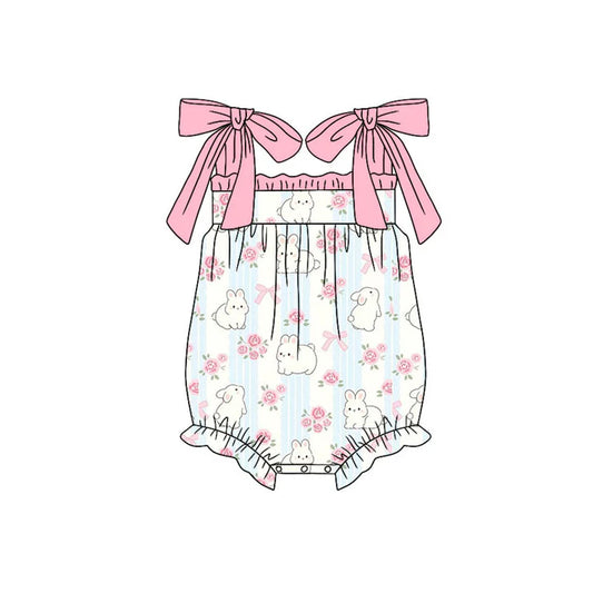 Preorder (moq 5)Baby Girls Pink Strap Flowers Rabbits Easter Ruffle Rompers 10.21