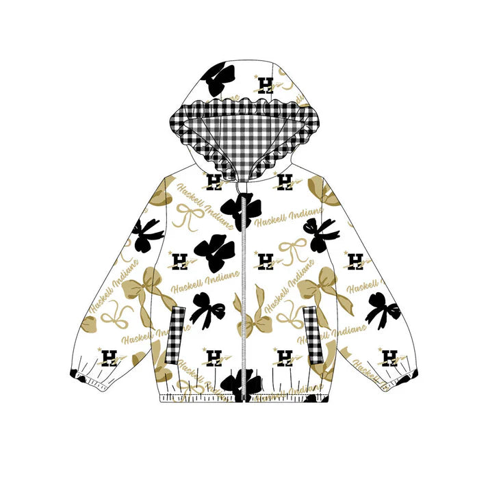 Preorder(moq 5)Baby Girls Black Khaki Bows Anchors H Pockets Zipper Team Ruffle Hoodies Jackets 10.13