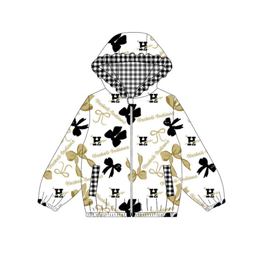 Preorder(moq 5)Baby Girls Black Khaki Bows Anchors H Pockets Zipper Team Ruffle Hoodies Jackets 10.13