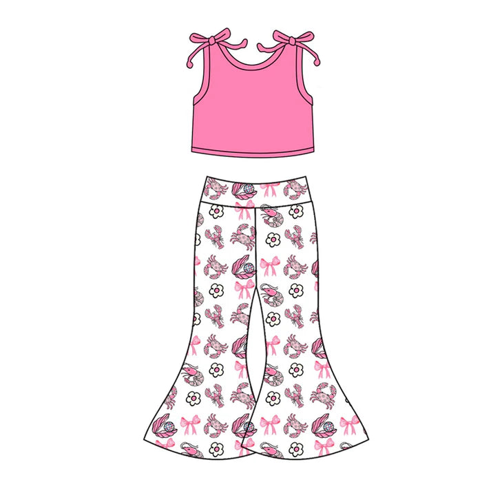 Preorder(moq 5)Baby Girls Pink Top Bows Crab Flowers Bell Bottom Pants Clothes Sets 12.16