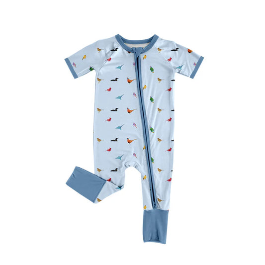 Preorder (moq 5)Baby Boys Short Sleeve Colorful Birds Western Two Way Zip Convertible Rompers 12.18