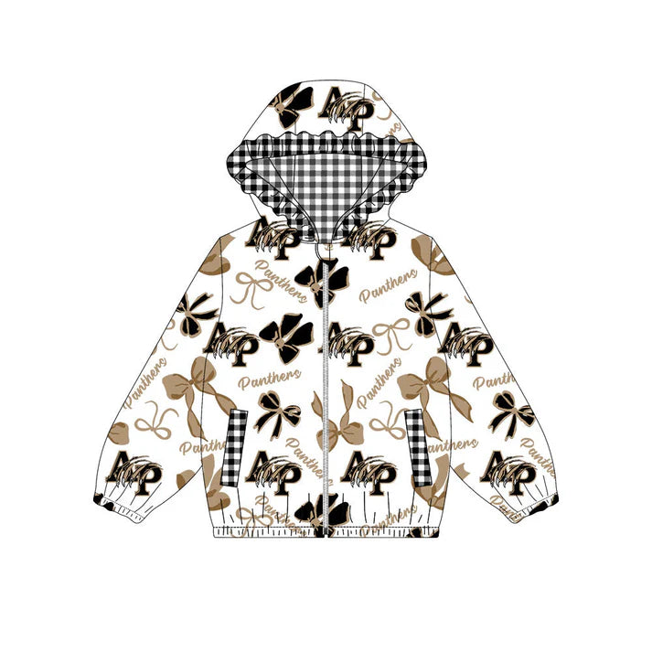 Preorder(moq 5)Baby Girls Black Khaki Bows AP Panthers Pockets Zipper Team Ruffle Hoodies Jackets 10.13