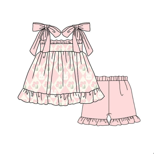 Preorder(moq 5) Baby Girls Pink Strap Flowers Rabbits Tunic Ruffle Shorts Easter Clothes Sets 10.21