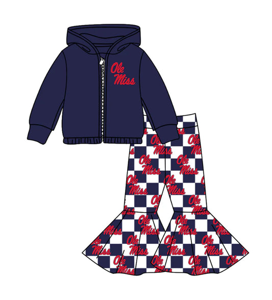 Preorder(moq 5) Baby Girls Navy Ole Miss Zipper Hoodie Jacket Bell Bottom Pants Team Clothes Sets 11.4