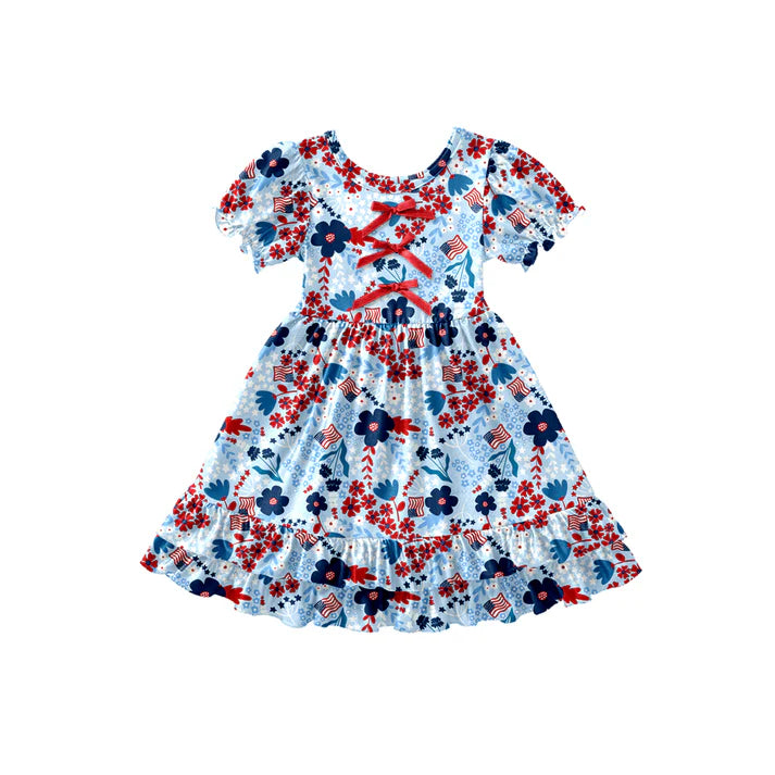 Preorder (moq 5)Baby Girls Flowers Flags 4th of July Ruffle Knee Length Dresses 12.27