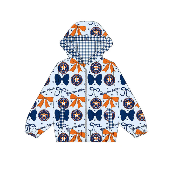 Preorder(moq 5)Baby Girls Blue Orange Bows H Houston Pockets Zipper Team Ruffle Hoodies Jackets 10.13