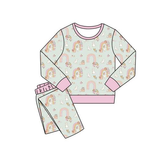 Preorder(moq 5) Baby Girls Rainbows Rabbits Pants Easter Pajamas Sets 11.10