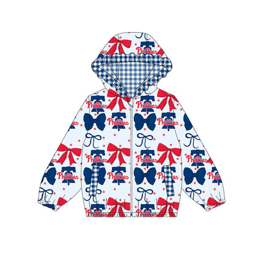 Preorder(moq 5)Baby Girls Blue Red Bows Phillies Pockets Zipper Team Ruffle Hoodies Jackets 10.13
