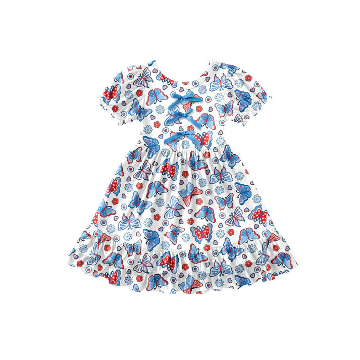 Preorder (moq 5)Baby Girls Flowers Butterfly 4th of July Ruffle Knee Length Dresses 12.27