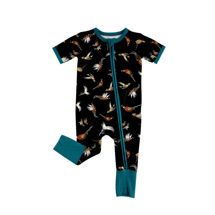 Preorder (moq 5)Baby Boys Short Sleeve Colorful Birds Western Two Way Zip Convertible Rompers 12.18