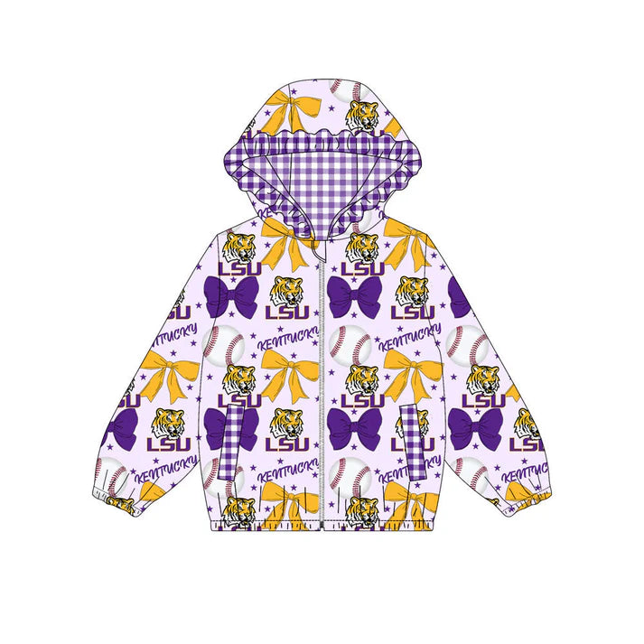 Preorder(moq 5)Baby Girls Purple Yellow Bows LSU Tigers Pockets Zipper Team Ruffle Hoodies Jackets 10.13