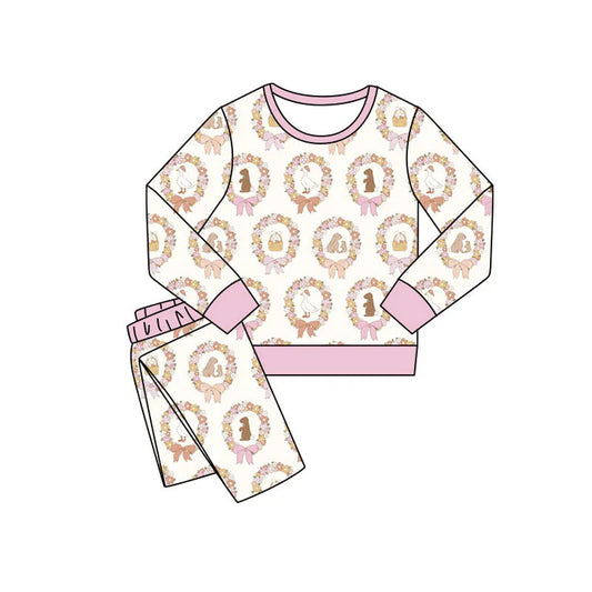 Preorder(moq 5) Baby Girls Holly Rabbits Eggs Pants Easter Pajamas Sets 11.10
