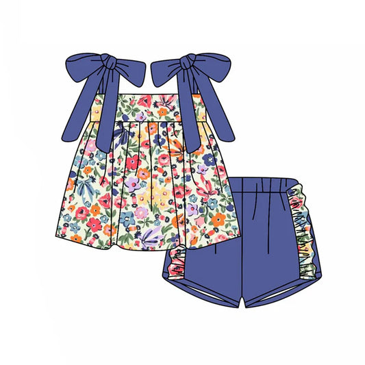 Preorder(moq 5) Baby Girls Strap Colorful Flowers Tunic Ruffle Shorts Clothes Sets 10.24