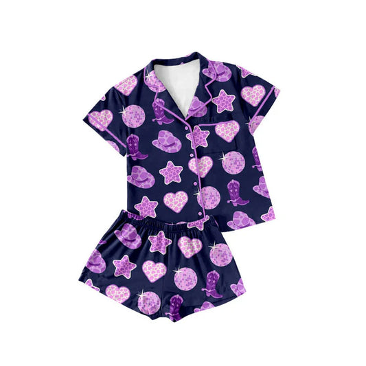 Preorder(moq 5) Baby Girls Purple Boots Hats Button Pockets Top Shorts Western Pajamas Sets 10.15