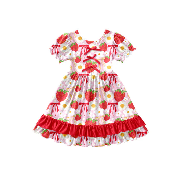 Preorder (moq 5)Baby Girls Daisy Flowers Strawberry Ruffle Knee Length Dresses 12.27