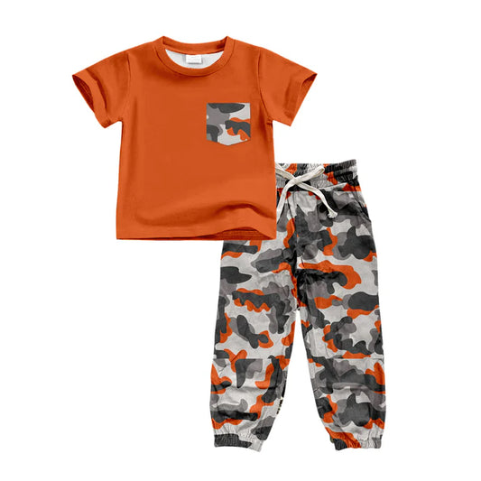 Preorder(moq 5)Baby Boys Orange Top Southern Grey Camo Pockets Pants Clothes Sets 12.16