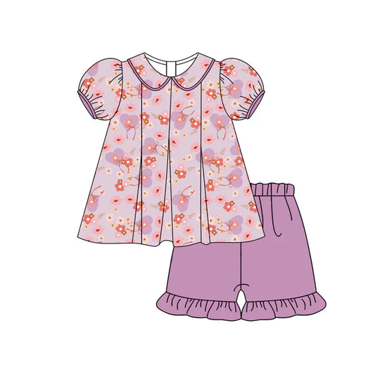 Preorder (moq 5)Baby Girls Lavender Short Ruffle Sleeves Heart Flowers Tunic Short Set 5.14