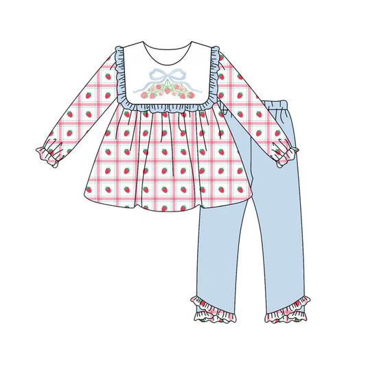 Preorder (moq 5)Baby Girls Long Ruffle Sleeves Strawberry Plaid Tunic Legging Pant Sets 6.10
