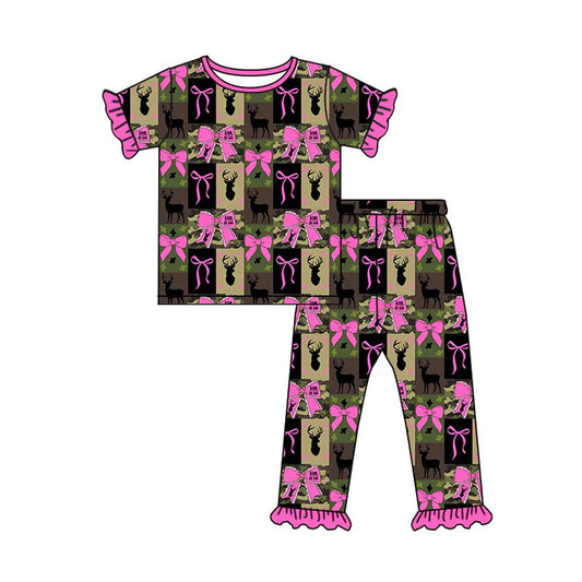 Preorder (moq 5)Baby Girls Camo Deer Checked Bows Top Ruffle Pants Hunting Pajamas Sets 11.26