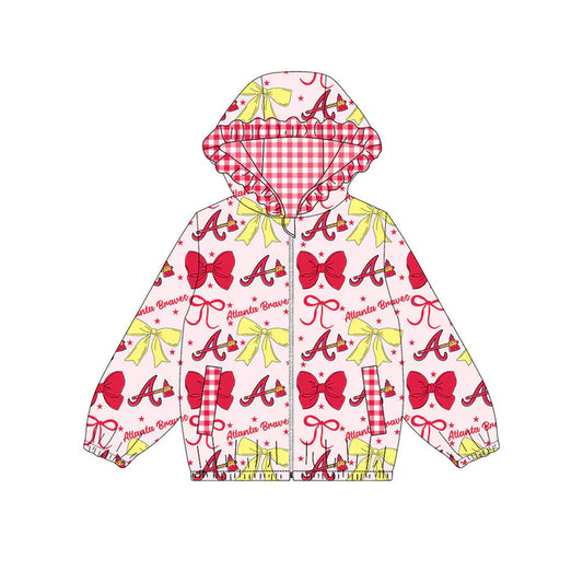 Preorder(moq 5)Baby Girls Red Yellow Bows A Pocket Zipper Team Ruffle Hoodies Jackets 10.16