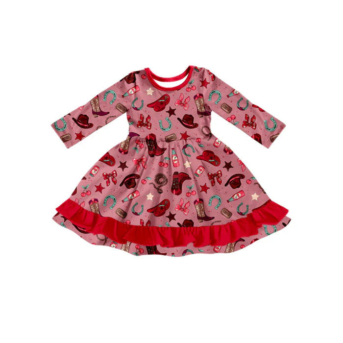 Preorder(moq 5) Baby Girls Red Stars Boots Hats Western Ruffle Knee Length Dresses 10.23
