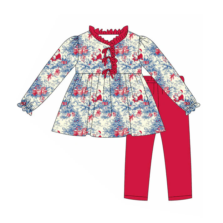 Preorder (moq 5)Baby Girls Long Ruffle Sleeves Santa Floral Tunic Legging Pants Set 7.28