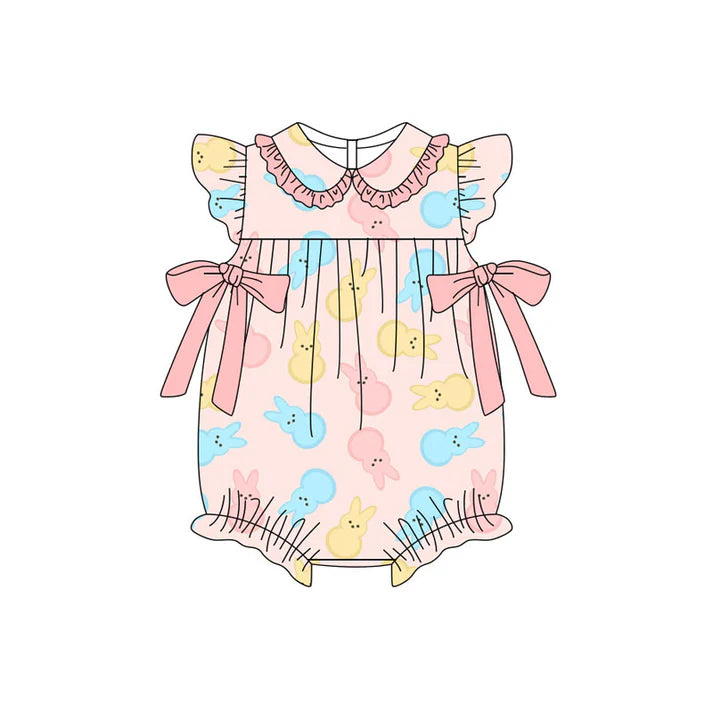 Preorder (moq 5)Baby Girls Flutter Sleeve Colorful Rabbits Bows Easter Ruffle Rompers 11.11
