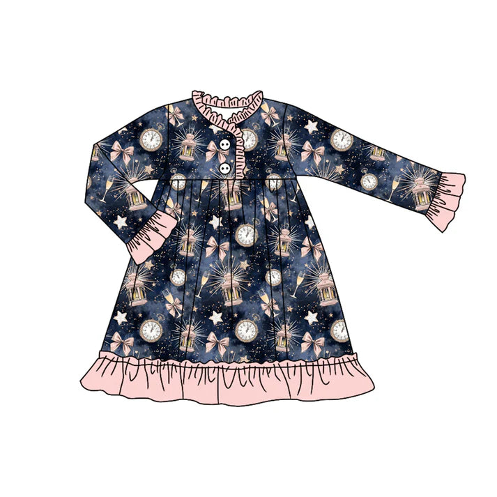 Preorder (moq 5)Baby Girls Long Sleeves Hot Blue Bows Stars Plaid Ruffle Button Knee Length Dress 7.28