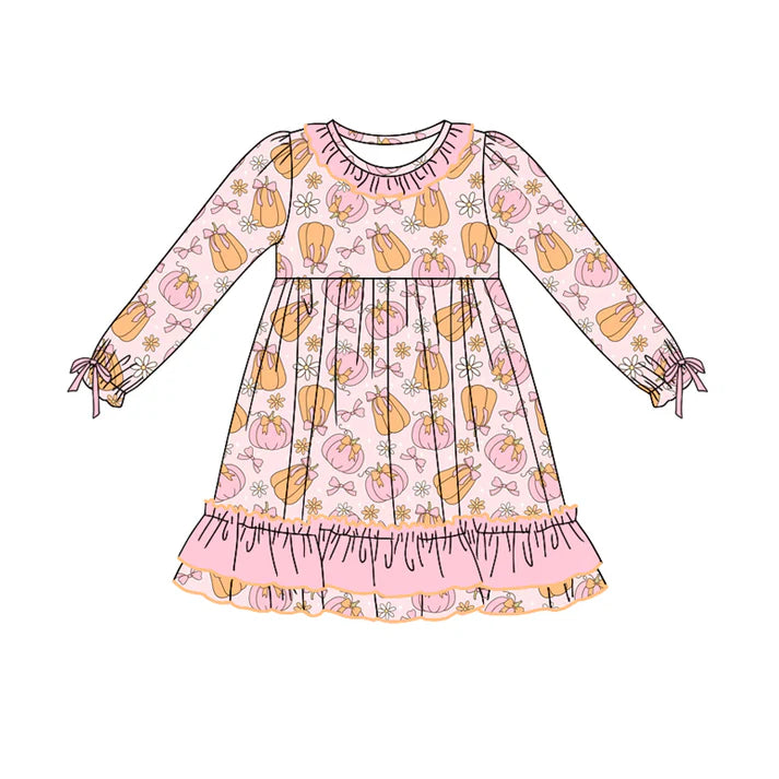 Preorder moq 5 Baby Girls Long Ruffle Sleeves Pink Bows Pumpkins Knee Length Dresses 5.7