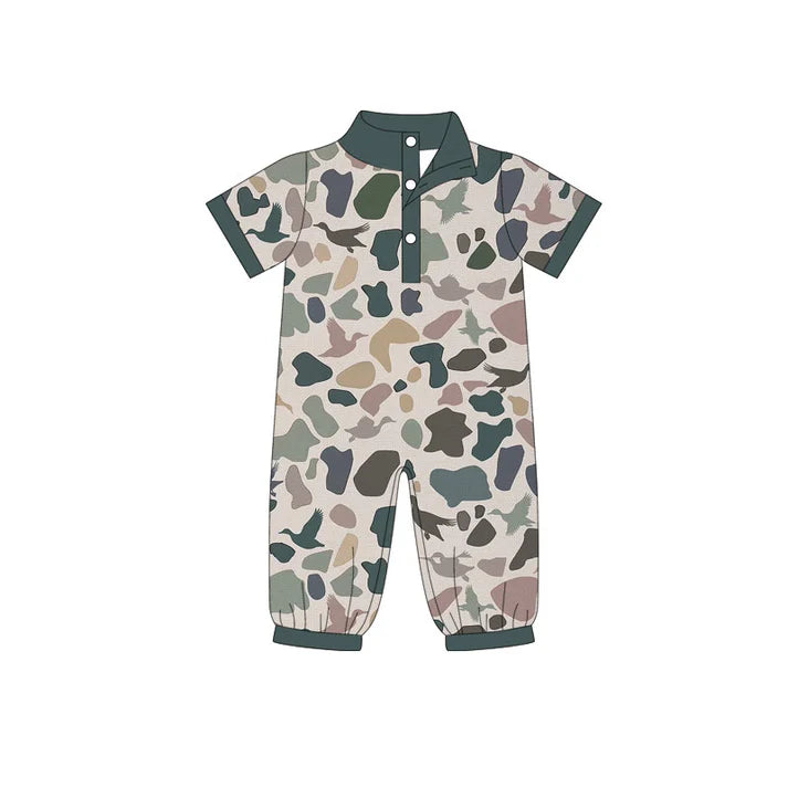 Preorder (moq 5)Baby Boys Camo Ducks Button Hunting Footie Rompers 11.25