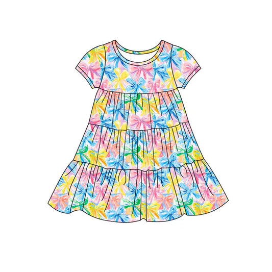 Preorder(moq 5) Baby Girls Colorful Bows Patchwork Ruffle Knee Length Dresses 11.14